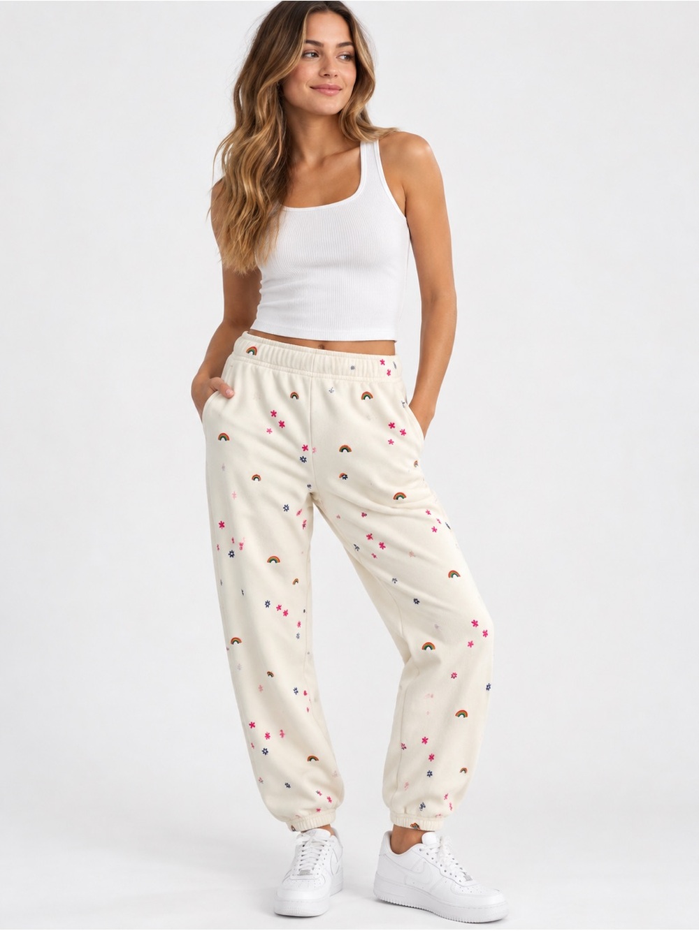 Something Navy Women’s Ivory Rainbow embroidered jogger sweatpants